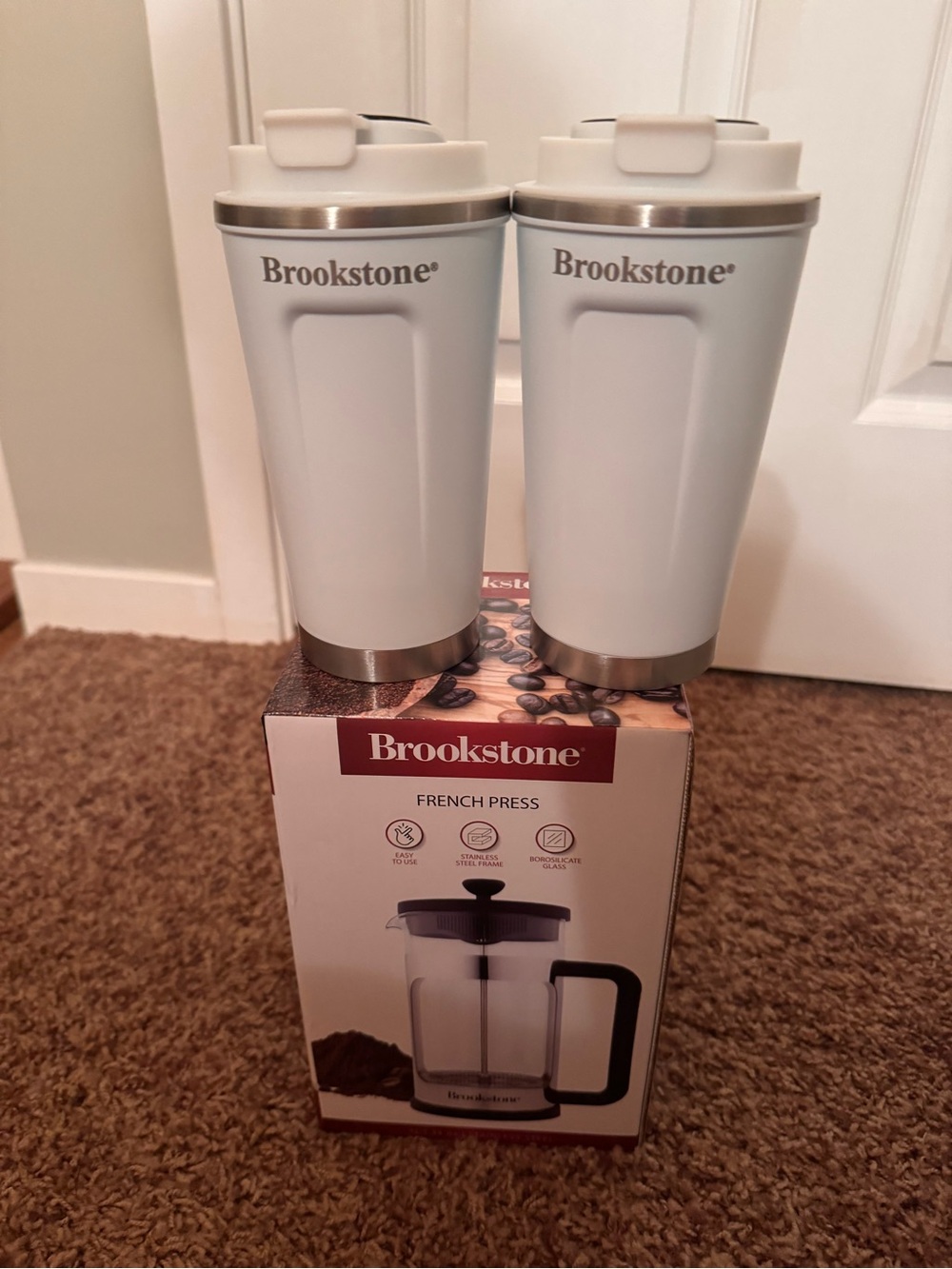 Brookstone French Press Stainless Steel 34oz W/ 2 Stainless Travelers Temp Lids